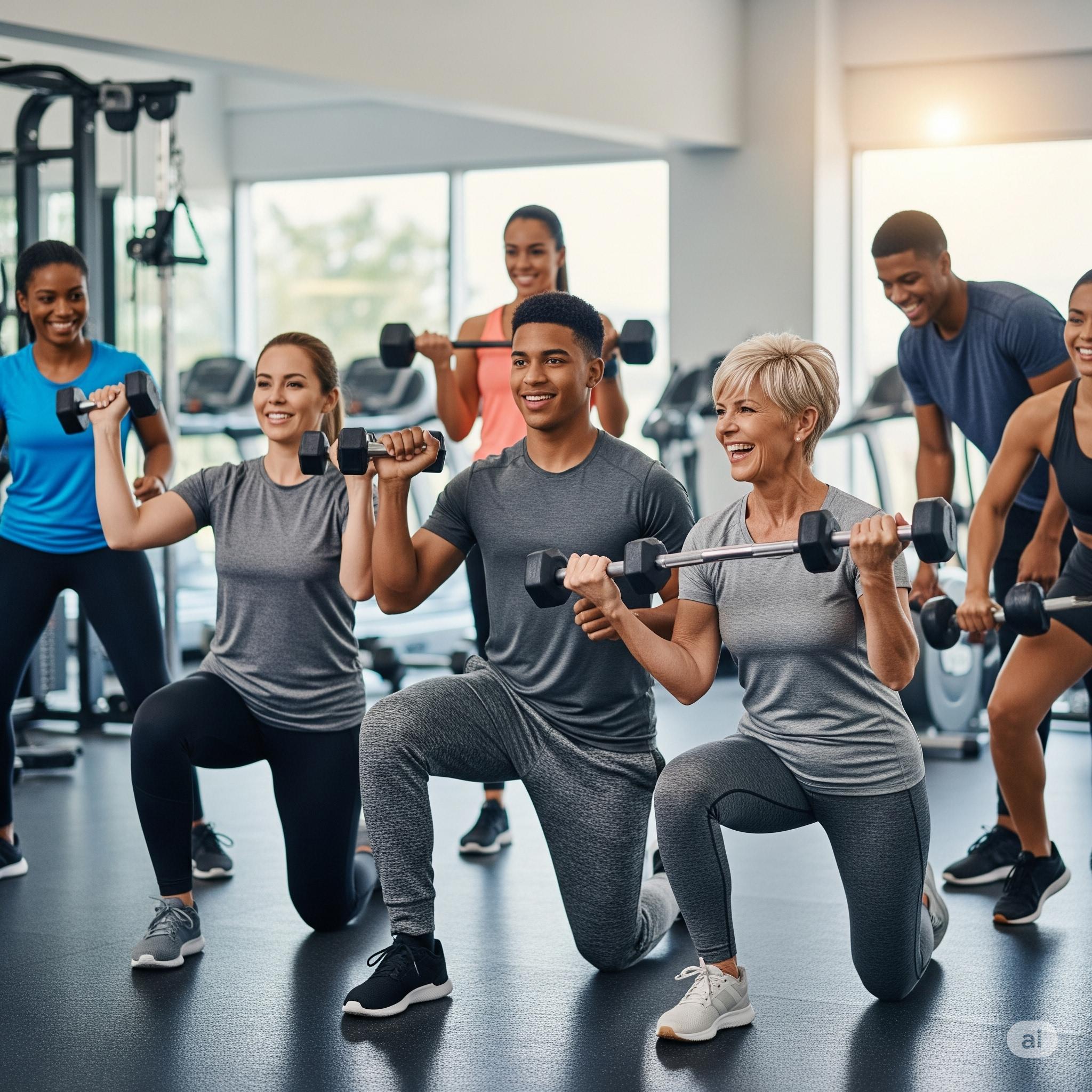 Diverse group of people doing fitness exercises together in group class