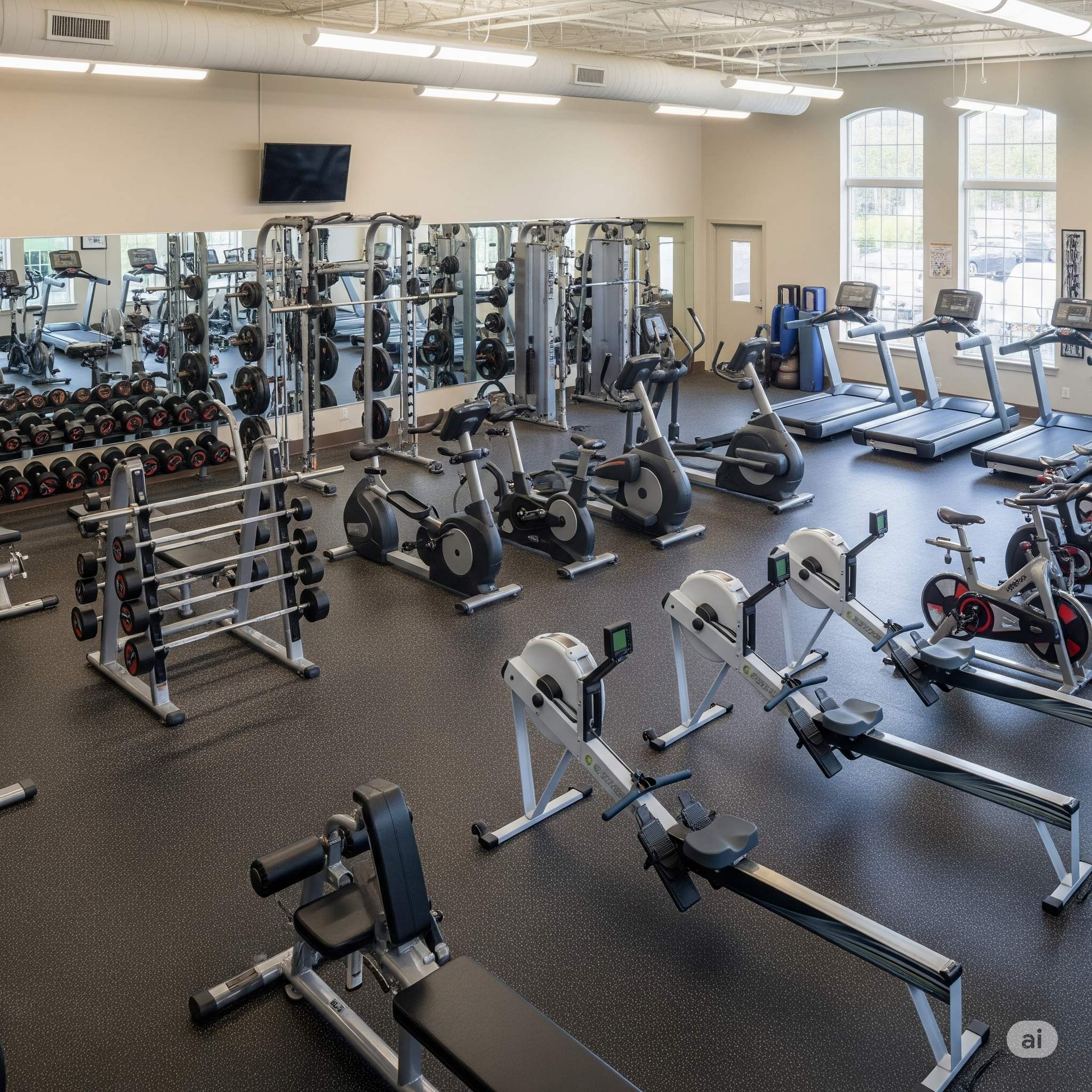 Complete gym interior showing various equipment including treadmills, weight machines, and cardio equipment