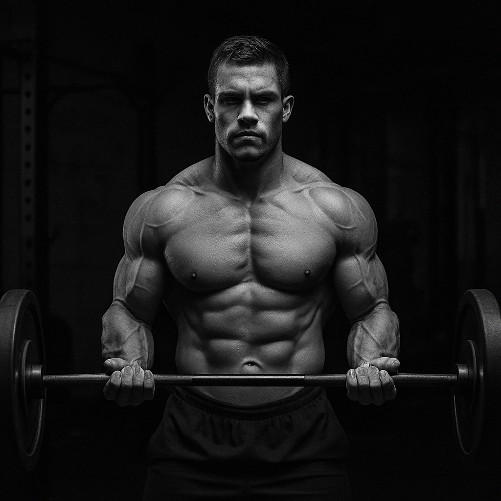 Professional bodybuilder with barbell showcasing strength and muscle definition