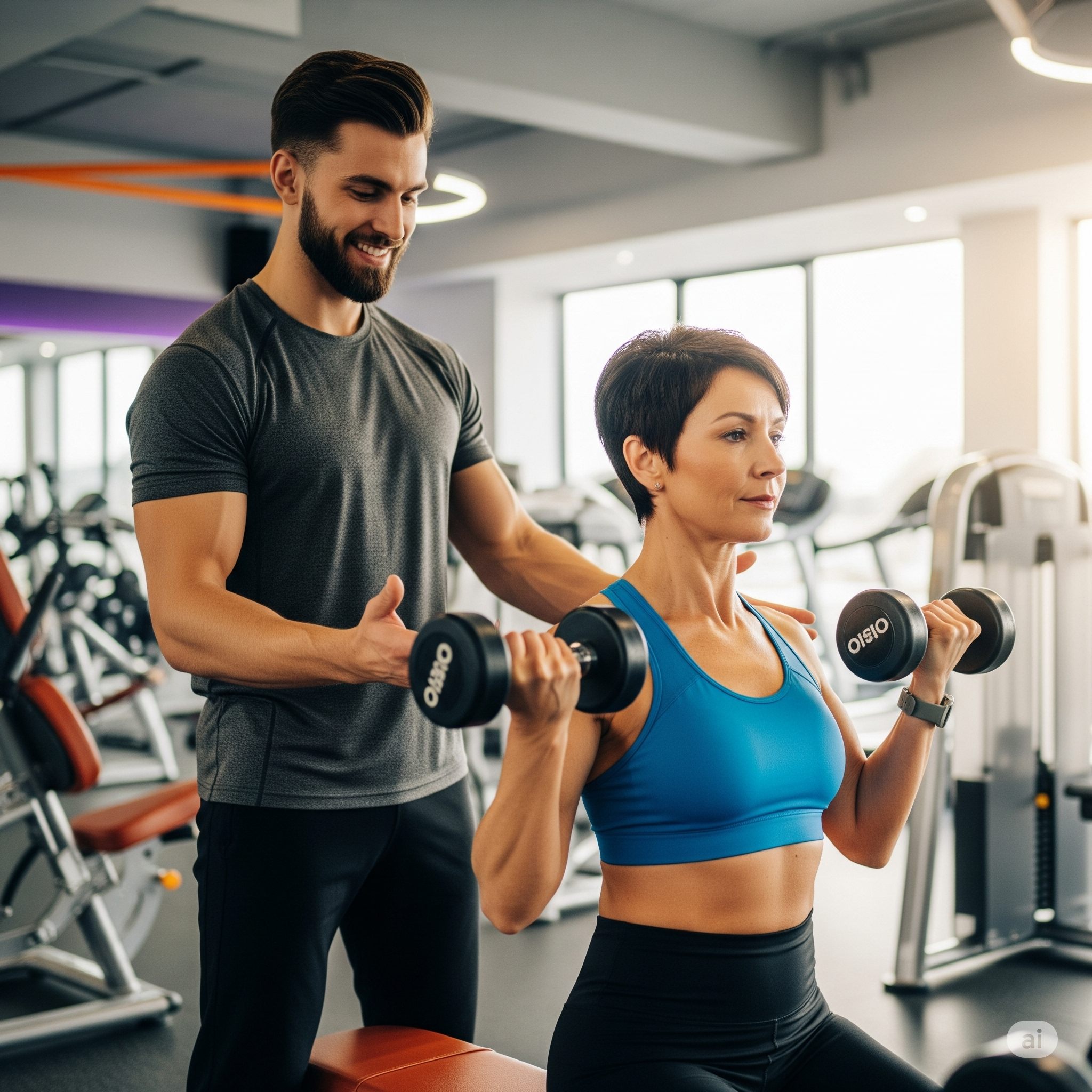 Personal trainer helping client with dumbbell exercises